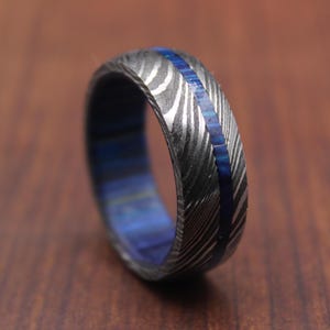 Damascus Steel Whiskey Barrel Steel Rings Dome Promise Ring Wood Wedding Ring Damascus Steel Rings Wood Inlay Engagement Ring Wedding Band