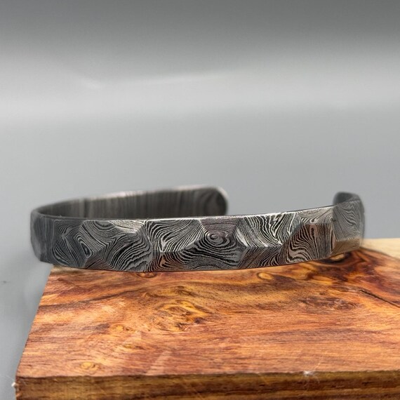 Bracelet De Fiançailles Homme Acier Damas & Cuivre - Fait Main Motif Géométrique - Sur Commande