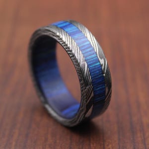 Damascus Steel Whiskey Barrel Steel Rings Dome Promise Ring Wood Wedding Ring Damascus Steel Rings Wood Inlay Engagement Ring Wedding Band