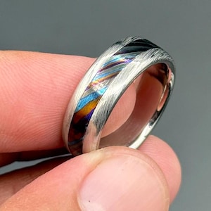 8mm Black Timascus / Mokuti & Stainless Damascus (damasteel) timascus ring,black timascus ring, mokuti ring, zirconium ring, black ring