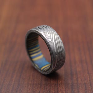 Damascus Steel Whiskey Barrel Steel Rings Dome Promise Ring Wood Wedding Ring Damascus Steel Rings Wood Inlay Engagement Ring Wedding Band