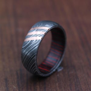 Damascus Steel Whiskey Barrel Steel Rings Dome Promise Ring Wood Wedding Ring Damascus Steel Rings Wood Inlay Engagement Ring Wedding Band