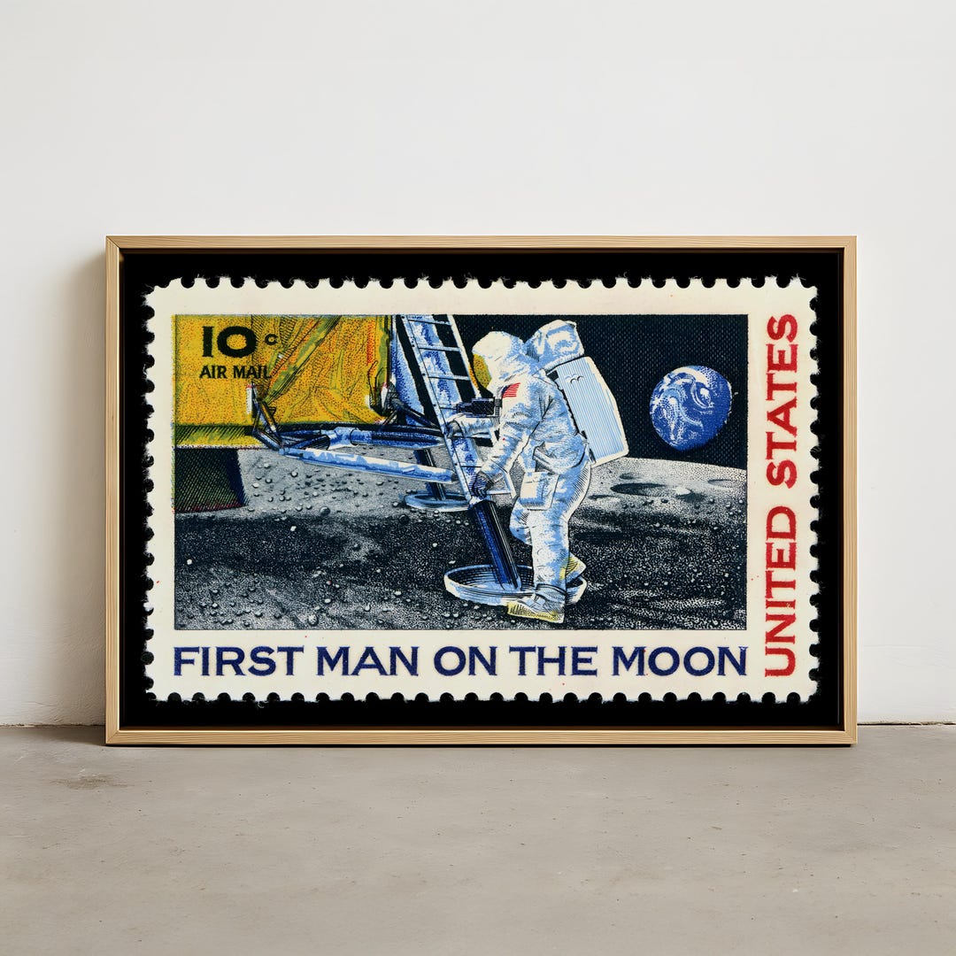 First Man on the Moon Stamp Poster, Vintage NASA Apollo 11 Space Art ...