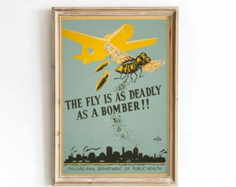The Fly is as Deadly as a Bomber WPA Poster Print, Vintage Public Health Wall Art, Retro 1930s Philadelphia Illustration, Historic Decor