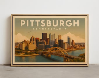 Plakat z panoramą Pittsburgha – vintage'owy wydruk ścienny z Pittsburgha w Pensylwanii, płótno w ramie, płótno naciągnięte na blejtram, plakat z Pittsburghem, pejzaż miejski