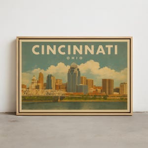 May include: A framed vintage-style print of the Cincinnati, Ohio skyline. The artwork shows the city's buildings, bridges, and river against a blue sky with clouds. The word "CINCINNATI" is printed at the top, with "OHIO" below it.