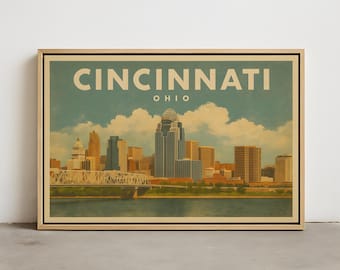 Cincinnati Skyline Wandkunst - Vintage Cincinnati OH Wandkunstdruck, gerahmte Leinwand, gestreckte Leinwand, Poster von Cincinnati, Stadtlandschaft