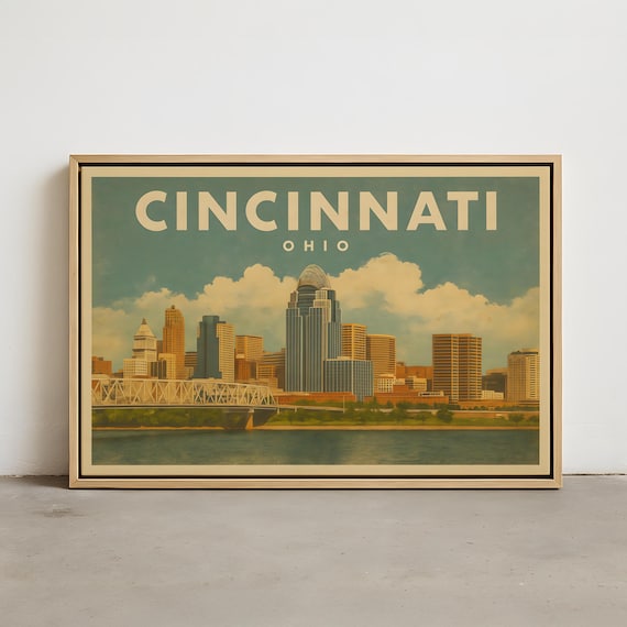Cincinnati Skyline Wall Art – Vintage Cincinnati OH Wall Art Print, Framed Canvas, Stretched Canvas, Poster Print of Cincinnati, Cityscape