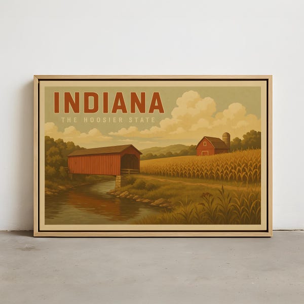 Indiana Wandkunst - Die Hoosier State Covered Bridge Druck - Vintage Bauernhaus Dekor mit Getreidefeld und Scheune - Retro Midwest Landschaft