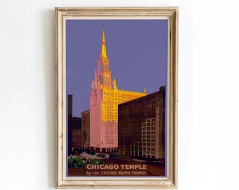 May include: A framed art print featuring a stylised illustration of the Chicago Temple building illuminated in bright yellow against a deep purple sky. The text at the bottom reads CHICAGO TEMPLE by the CHICAGO RAPID TRANSIT in a bold font.