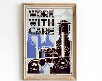 Work With Care WPA Poster Print, Vintage 1930s Safety Wall Art, Retro Industrial Illustration, Historic Public Works Federal Project Decor