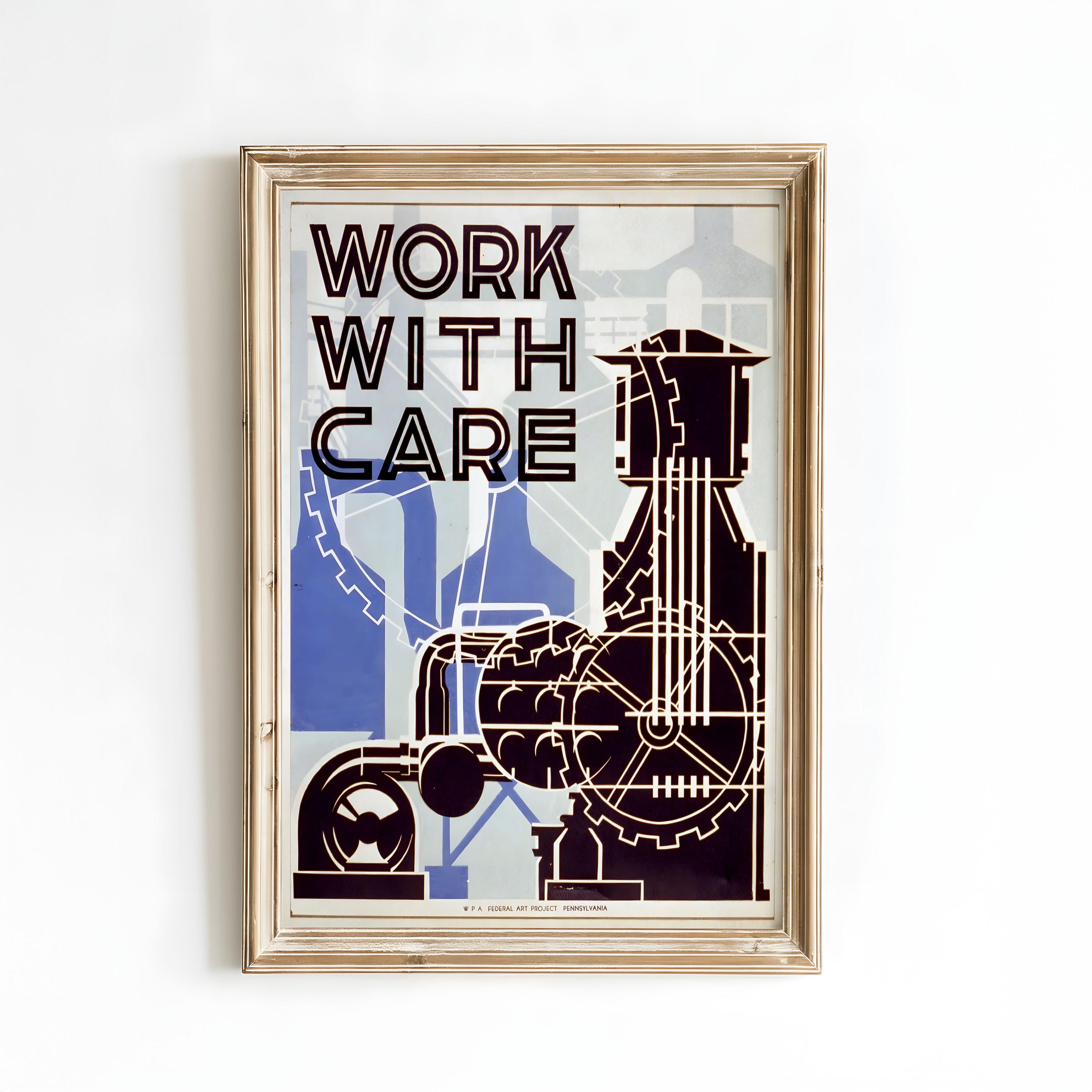 Work With Care WPA Poster Print, Vintage 1930s Safety Wall Art