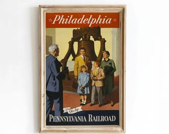 Vintage Philadelphia Travel Poster, Pennsylvania Railroad Wall Art, Liberty Bell Canvas Print, Retro Mid Century Modern Decor, Framed Art
