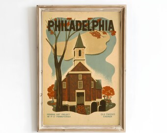 Philadelphia WPA Poster Druck, Vintage alte schwedische Kirche Wandkunst, Retro 1930er Jahre Pennsylvania Illustration, historische amerikanische Wahrzeichen Dekor