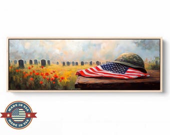 Patriotic Wall Art, Military Helmet resting on the American flag, Military themed gifts, Armed forces decor, Army artwork, Military decor