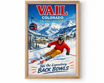 Póster de esquí de Vail, Colorado, arte mural de viaje vintage, impresión retro de estación de esquí, lienzo de montaña nevada, decoración de invierno enmarcada