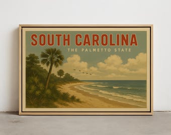 Muurkunst South Carolina – The Palmetto State Print – Vintage kustlandschap – Retro reisposter van SC Shoreline – decor zuidelijke staat