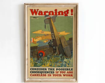 Vintage Aviation Safety Poster - WWI Biplane Crash Warning Art - Retro Industrial Wall Decor - Pilot Gift - Framed Aircraft Canvas Print