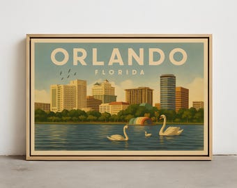 Väggkonst med Orlandos skyline – Vintage Orlando FL väggkonsttryck, inramad canvas, sträckt canvas, affischtryck av Orlando, stadslandskapsdekor
