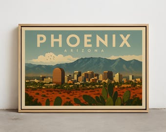 Poster Phoenix Arizona – Vintage reisposter met woestijnlandschap, cactussen en skyline van het centrum met bergen in retro zonsondergangkleuren