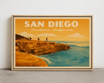 Arte mural del horizonte de San Diego: impresión vintage de San Diego, CA, lienzo enmarcado, lienzo estirado, póster de San Diego, decoración de paisajes urbanos.