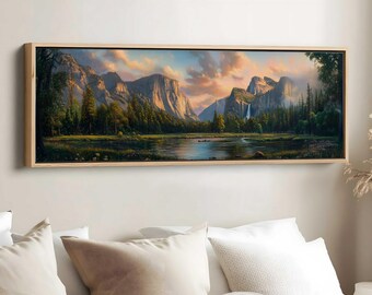 May include: A panoramic landscape painting depicting a valley with a waterfall, mountains, and a river. The painting is framed in a light wood frame.
