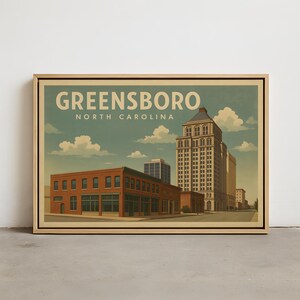 Greensboro Skyline Wall Art – Vintage Greensboro NC Wall Art Print, Framed Canvas, Stretched Canvas, Poster Print of Greensboro