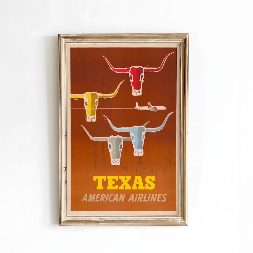 Vintage Texas Travel Poster, American Airlines Mid Century Wall Art ...