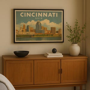 May include: A framed print of the Cincinnati, Ohio skyline, with the city name in vintage lettering. The artwork shows the cityscape with a river and cloudy sky. The print is displayed above a wooden cabinet with a black bowl and decorative items.