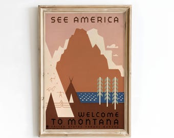 Zie Amerika WPA-poster – Welcome to Montana vintage reisafdruk, retro poster nationale parken, canvas muurkunst, ingelijst decor