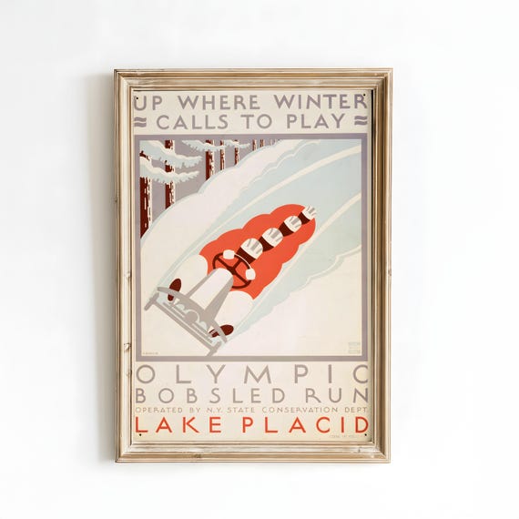 Vintage Lake Placid WPA Poster – Olympic Bobsled Run Retro Winter Sports Wall Art | Poster, Framed Print, or Canvas