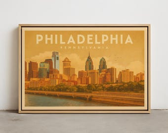 Philadelphia Skyline Wall Art – Vintage Philadelphia PA Wall Art Print, Framed Canvas, Stretched Canvas, Poster Print of Philadelphia