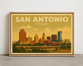 San Antonio Skyline Wall Art – Vintage San Antonio TX Wall Art Print, Framed Canvas, Stretched Canvas, Poster Print of San Antonio,Cityscape
