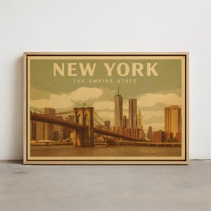 New York Wall Art – The Empire State Skyline Print – Brooklyn Bridge and Manhattan View – Vintage Style Travel Wall Art Decor
