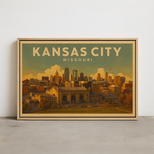 Kansas City Missouri Poster – Retro Travel Wall Art Featuring Union Station and Skyline, Vintage-Style Midwest Decor Print