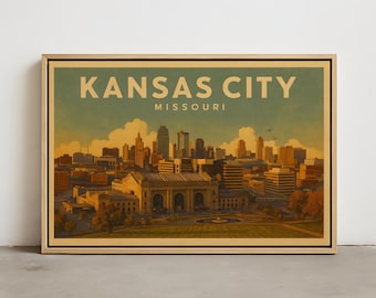 May include: A framed art print featuring a vintage-style illustration of the Kansas City, Missouri skyline. The artwork has a retro aesthetic with a teal background and the words "Kansas City Missouri" in a serif font.
