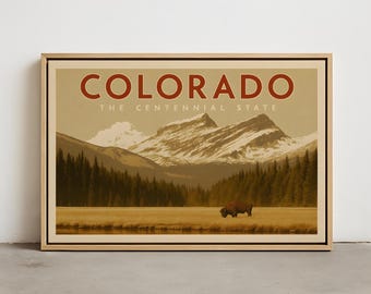 Arte mural de Colorado: Impresión de bisontes y montañas del estado del centenario: paisaje rústico natural, decoración vintage estilo viajero
