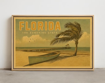Florida Wall Art – The Sunshine State Coastal Print – Vintage Beach Decor with Palm Tree and Boat – Retro Seaside Wall Artwork