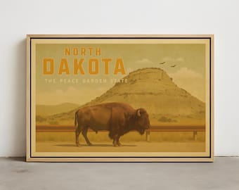 North Dakota Wall Art – The Peace Garden State Bison Print – Vintage Prairie Landscape Decor – Retro Buffalo and Butte Scene Wall Artwork