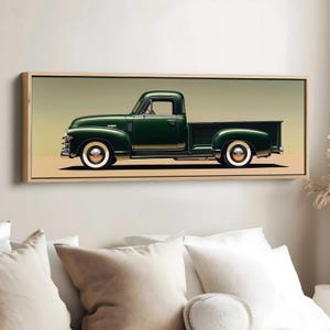 May include: A vintage green pickup truck with a wooden bed, chrome accents, and a GMC logo on the side. The truck is set against a light green background.
