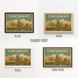 May include: Four framed prints of a Cincinnati, Ohio cityscape in various frame colours: black, wood, white, and dark wood. Each print features the city's skyline with a vintage aesthetic, and the text "CINCINNATI OHIO".