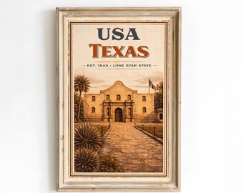 May include: Framed vintage-style print featuring the Alamo in San Antonio, Texas. The print includes the text "USA TEXAS" and "EST. 1845 • LONE STAR STATE." The image is in a distressed, aged style, with a beige background and a brown wooden frame.