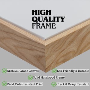 May include: Close-up of a wooden frame with the text "HIGH QUALITY FRAME". The frame is made of solid hardwood and features archival-grade canvas. The image also highlights the eco-friendly and durable qualities, as well as the vivid, fade-resistant print.