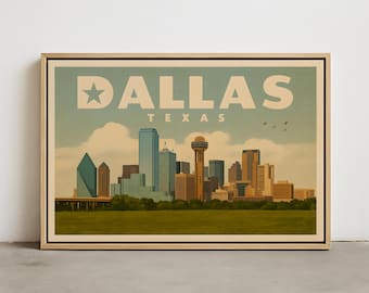 Dallas Skyline Wall Art – Retro Texas City Poster, Framed or Canvas Print, Mid-Century Modern Dallas Decor, Reunion Tower Vintage Style Art