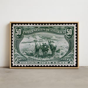 Affiche de timbre vintage Western Mining Prospector 1898, art mural affranchissement américain, décor imprimé philatélique de la ruée vers l'or de l'Old West