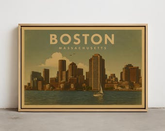 Boston Skyline Väggkonst – Vintage Boston MA Väggkonsttryck, Inramad Canvas, Spännd Canvas, Postertryck av Boston, Stadsbildsdekor