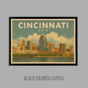 May include: A framed canvas print with a vintage illustration of the Cincinnati, Ohio skyline. The artwork depicts the city's buildings, a bridge, and the Ohio River under a blue sky with clouds. The text "CINCINNATI OHIO" is at the top.