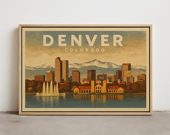 Denver Skyline Wall Art – Vintage Denver CO Wall Art Print, Framed Canvas, Stretched Canvas, Poster Print of Denver, Cityscape Decor