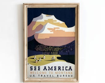 Vintage WPA-poster See America – Welcome to Montana Retro Travel Wall Art | Poster, ingelijste print of canvas