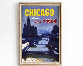 Póster vintage de TWA de Chicago, arte mural moderno de mediados de siglo, impresión retro de viajes en avión, arte del río Chicago, lienzo enmarcado para decoración de viajes.
